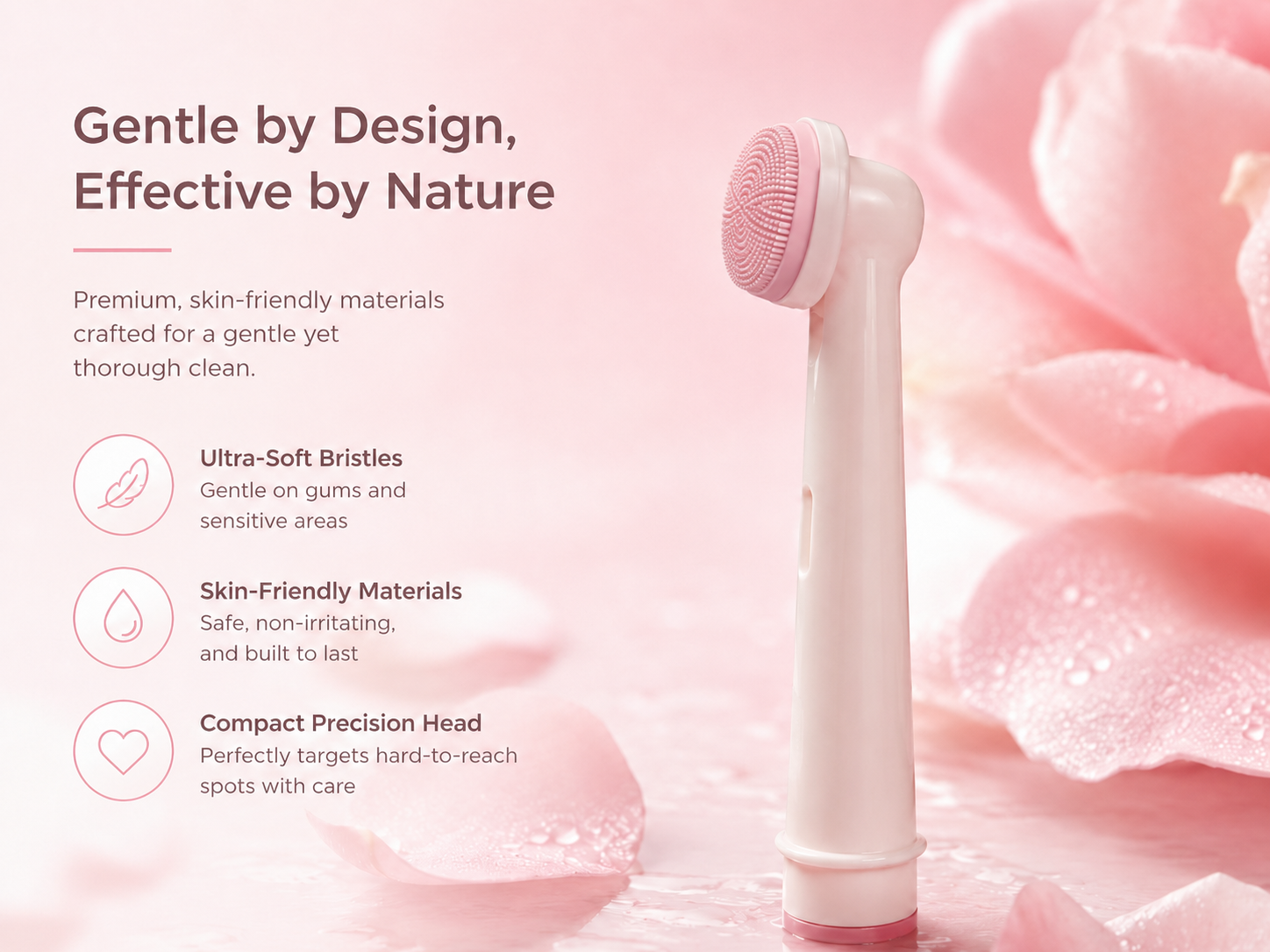 Gentle Silicone Precision Care. A soft silicone care surface designed for gentle, focused contact.