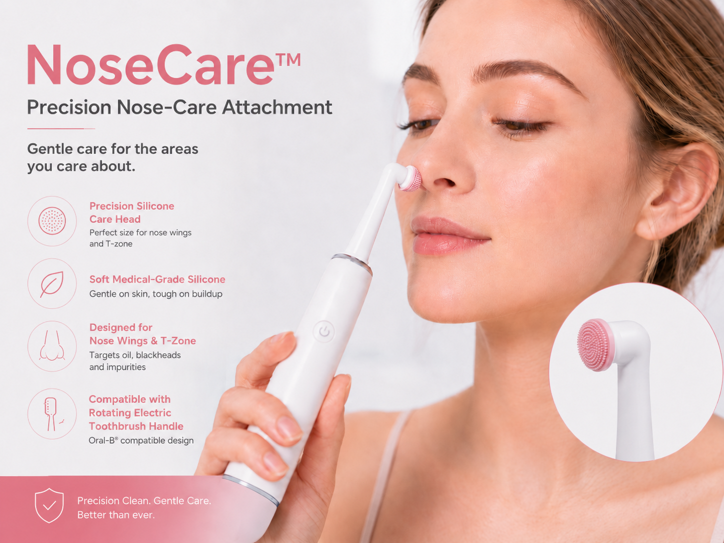 Woman using the NoseCare precision silicone attachment on her nose wing